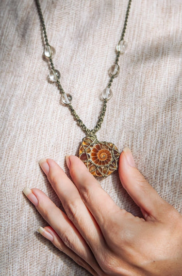 Crystalised Ammonite Fossil with Clear Quartz Necklace
